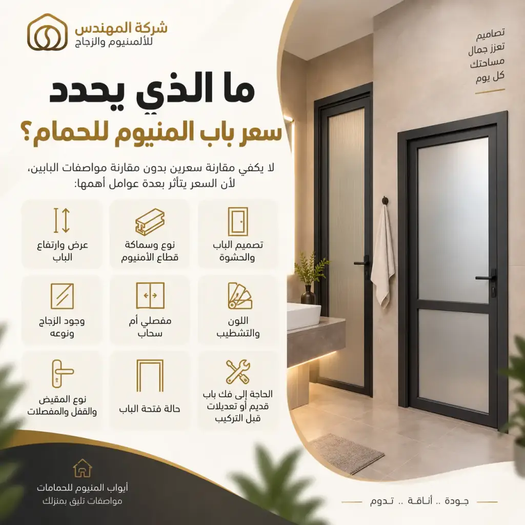 باب المنيوم للحمام بالرياض: الأسعار والتفصيل والتركيب 2026 4 عوامل تحدد سعر تفصيل باب المنيوم للحمام بالرياض