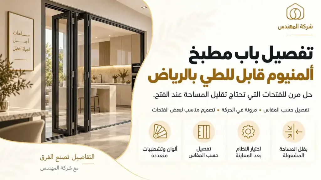 تفصيل وتركيب ابواب المنيوم الرياض 2026 | أسعار تفصيل أبواب المنيوم 14 باب مطبخ ألمنيوم قابل للطي بتصميم مودرن حسب المقاس بالرياض