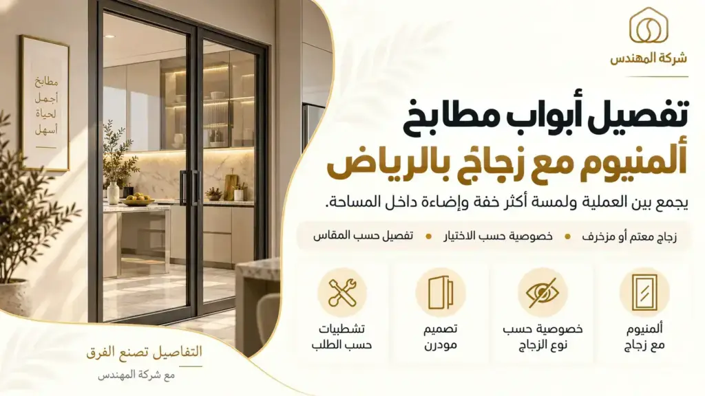 تفصيل وتركيب ابواب المنيوم الرياض 2026 | أسعار تفصيل أبواب المنيوم 13 شكل باب مطبخ ألمنيوم مع زجاج يجمع بين التصميم المودرن ومرور الإضاءة مع إمكانية اختيار درجة الخصوصية.