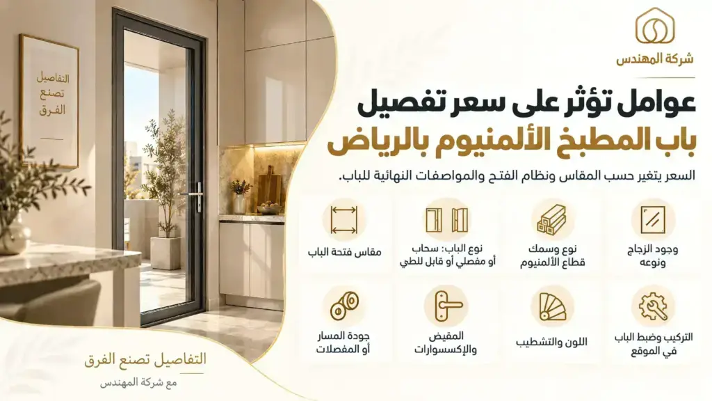 تفصيل وتركيب ابواب المنيوم الرياض 2026 | أسعار تفصيل أبواب المنيوم 17 أهم العوامل التي تؤثر على تكلفة تفصيل باب مطبخ ألمنيوم في الرياض، من المقاس ونظام الفتح إلى الزجاج والتشطيب والتركيب.