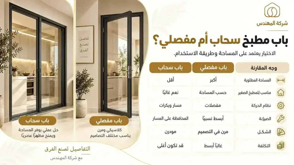 تفصيل وتركيب ابواب المنيوم الرياض 2026 | أسعار تفصيل أبواب المنيوم 18 مقارنة بين باب المطبخ السحاب والمفصلي من حيث المساحة ونظام الحركة والصيانة والشكل والتكلفة.