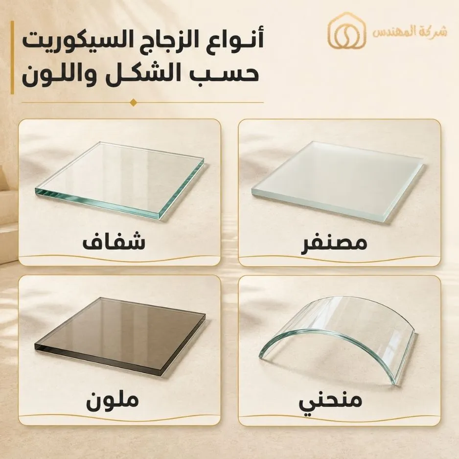 أنواع الزجاج السيكوريت بالرياض حسب الشكل واللون - تركيب زجاج سيكوريت مصنفر بالرياض - تركيب زجاج سيكوريت شفاف بالرياض - تركيب زجاج سيكوريت منحني بالرياض - تركيب زجاج سيكوريت ملون بالرياض