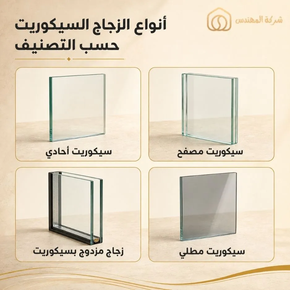 أنواع الزجاج السيكوريت حسب التصنيف: سيكوريت مصفح - سيكوريت أحادي بالرياض -  سيكوريت مطلي بالرياض - زجاج مزدوج سيكوريت بالرياض