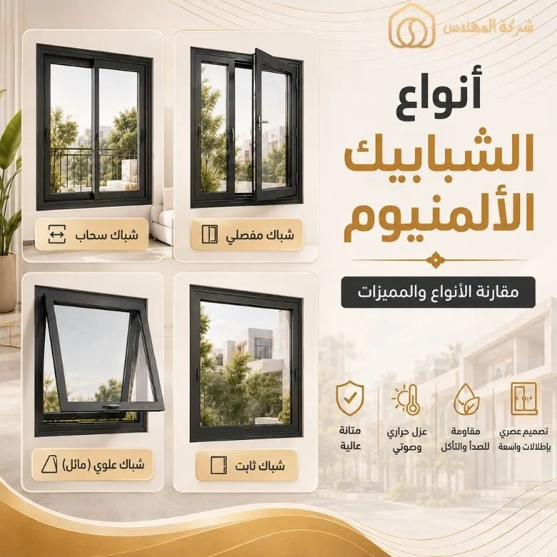 مقارنة انواع الشبابيك الالمنيوم: الأنواع والمميزات ودليل الاختيار بالرياض 4 انواع الشبابيك الالمنيوم بالرياض