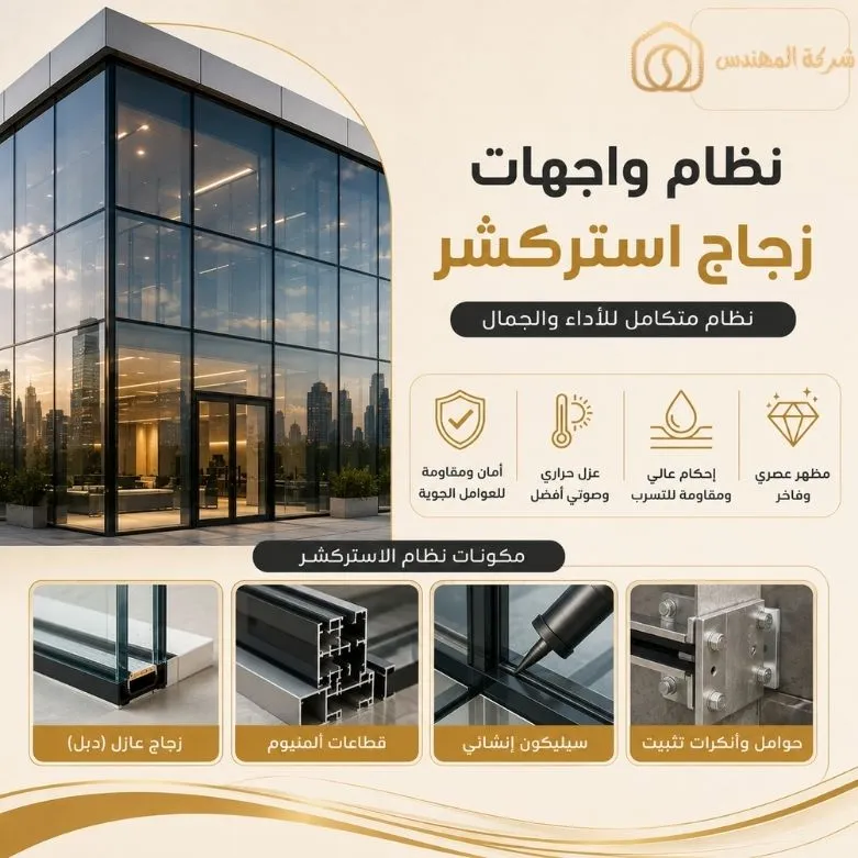 أسعار واجهات زجاج استركشر في الرياض 2026: دليل سعر المتر والمواصفات 3 تكلفة تركيب واجهات زجاج استركشر بالرياض من شركة المهندس