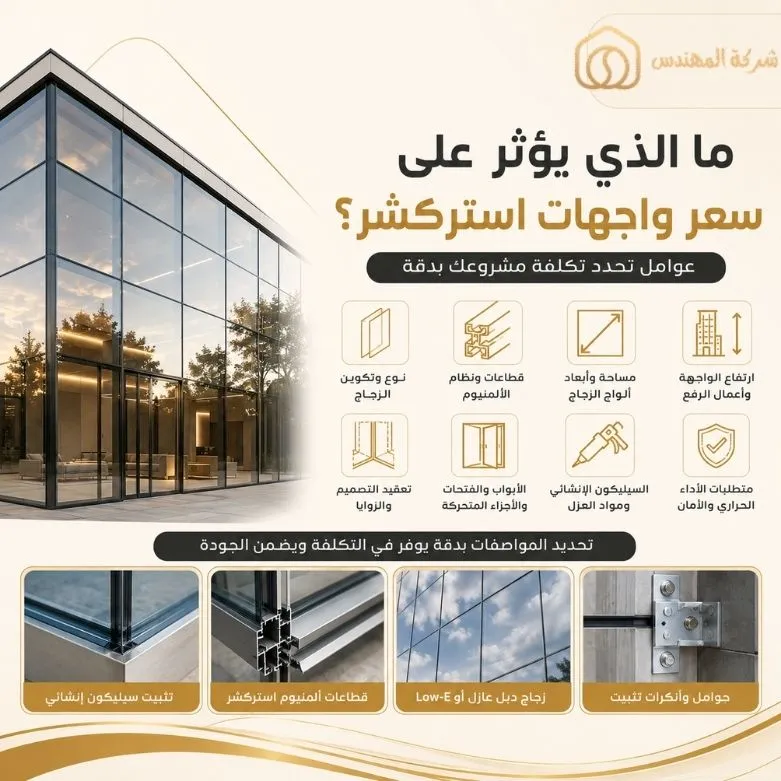 أسعار واجهات زجاج استركشر في الرياض 2026: دليل سعر المتر والمواصفات 2 عوامل تؤثر على سعر متر زجاج استركشر بالرياض -