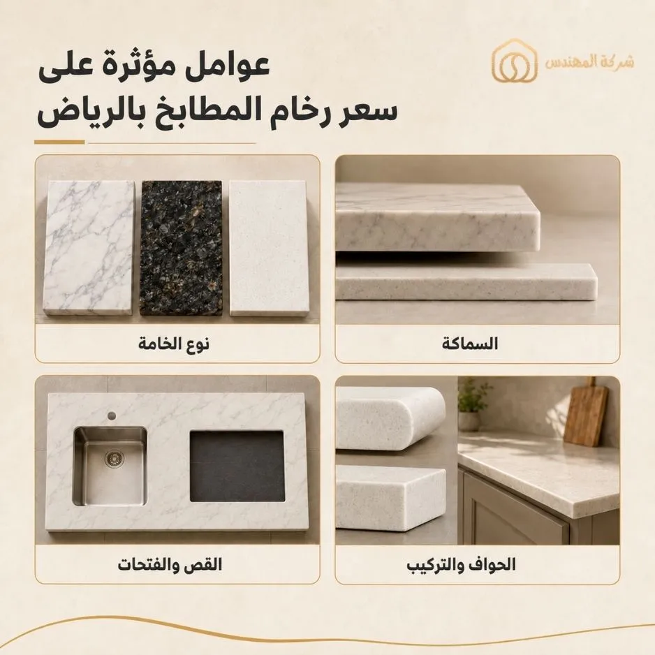 أنواع رخام المطابخ وأسعارها في الرياض 2026 2 عوامل مؤثرة على سعر رخام المطابخ بالرياض حسب السماكة ونوع الخامة والحواف - يتراوح سعر متر الرخام الصناعي المتوسط في الرياض بين 600 و1,000 ريال للمتر الطولي عند شمول التفصيل والتركيب