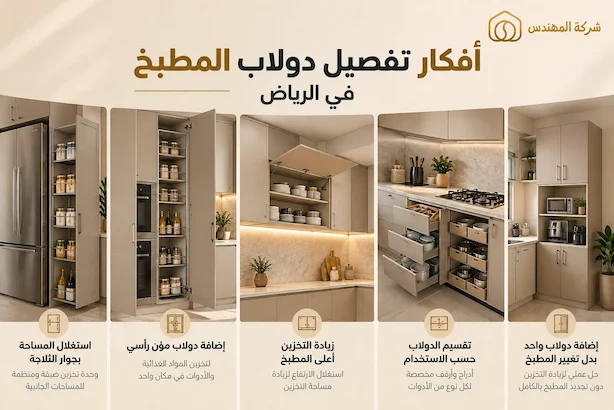 تفصيل دولاب مطبخ المنيوم بالرياض 2026 3 أفكار تفصيل دولاب المطبخ بالرياض لزيادة التخزين واستغلال المساحات