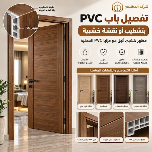 اسعار ابواب pvc الرياض 2026 حسب النوع والمواصفات 2 تفصيل باب pvc بتشطيب خشابي بالرياض 1,500 – 2,000 ريال - باب PVC بتشطيب ونقشة خشبية للاستخدام الداخلي