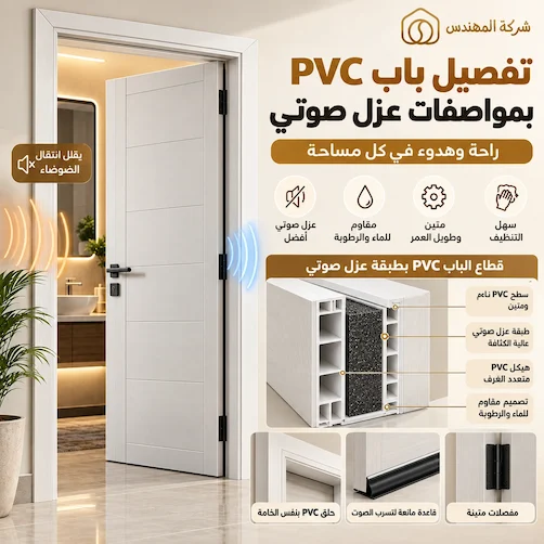 اسعار ابواب pvc الرياض 2026 حسب النوع والمواصفات 3 سعر تفصيل باب PVC بعزل صوتي بالرياض 1,500 – 3,000 ريال - باب PVC داخلي بمواصفات عزل صوتي وهيكل متعدد الغرف