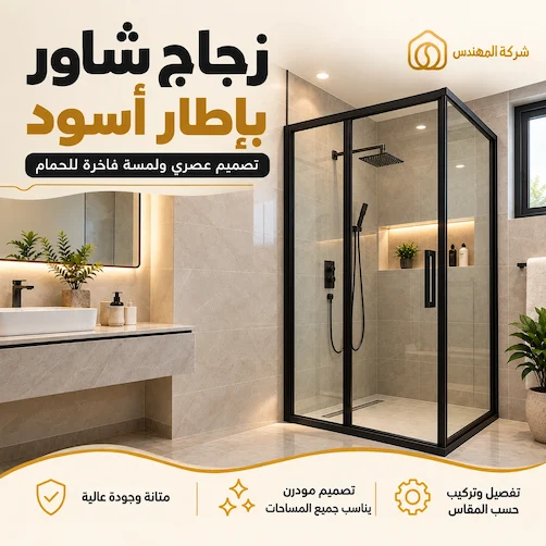 اشكال زجاج الشاور بالرياض: الأنواع والأفكار وكيف تختار التصميم المناسب 1 تفصيل زجاج شاور بإطار اسود بالرياض