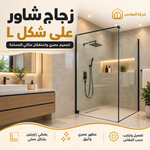 اشكال زجاج الشاور بالرياض: الأنواع والأفكار وكيف تختار التصميم المناسب 2 تفصيل زجاج شاور شكل l بالرياض