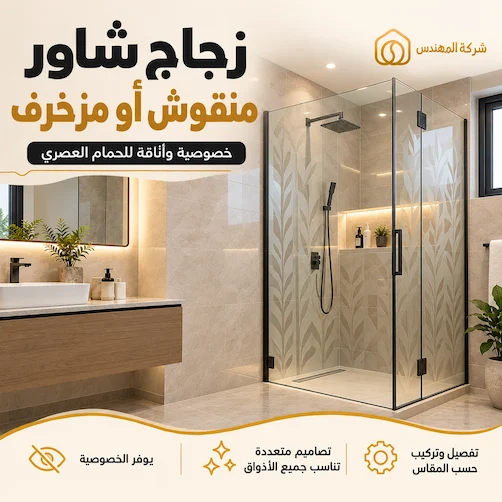 اشكال زجاج الشاور بالرياض: الأنواع والأفكار وكيف تختار التصميم المناسب 3 تفصيل زجاج شاور منقوش أو مزخرف بالرياض